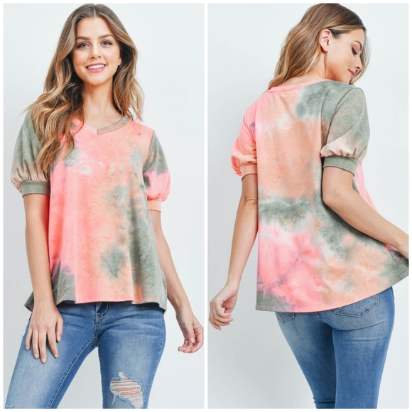 Perfect Peach Tops - Casual Chic Tie-Dye Puff Sleeve Top